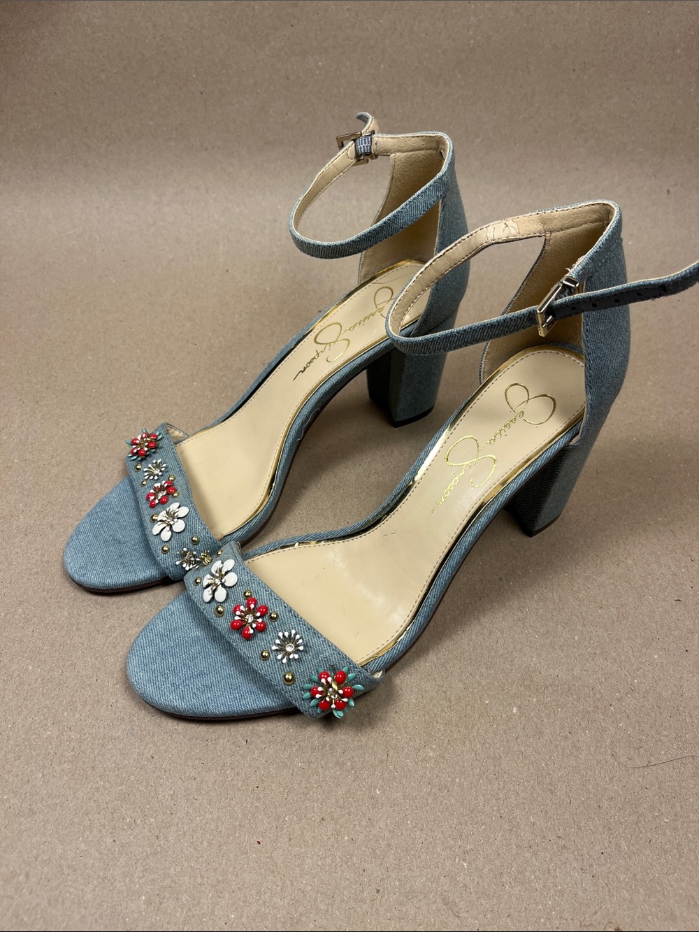 Jessica Simpson Denim Floral Bead Sandals Heels 9.5 Boho Chic
